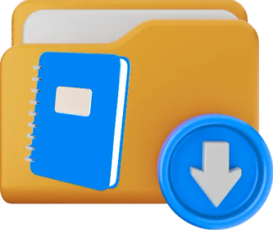 A brown folder with a blue notebook and a blue download button.