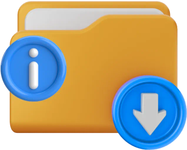 A brown folder with a blue "i" information icon and a blue download button.
A brown folder with a blue notebook and a blue download button.