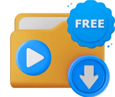 A brown folder icon with a blue play button, a download symbol, and a "FREE" badge.